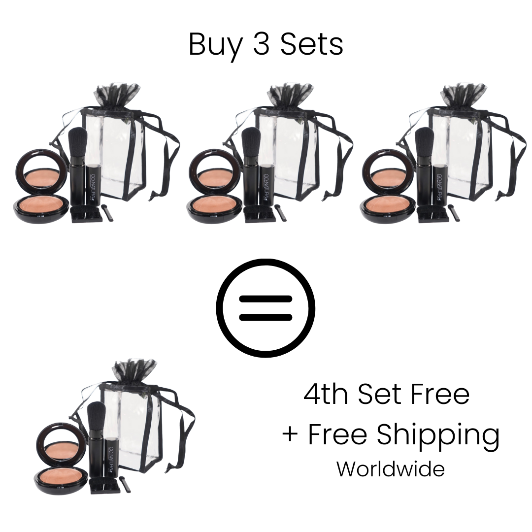 A collection of cosmetics including a compact powder, a brush, and a cosmetic travel bag, packaged with a black organza bag.