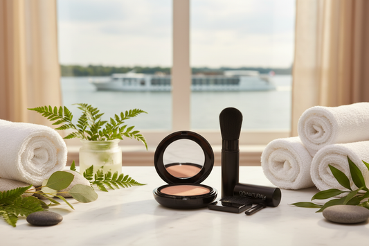 GO NATURAL® black compact and retractable brush in a luxury spa setting with river cruise backdrop