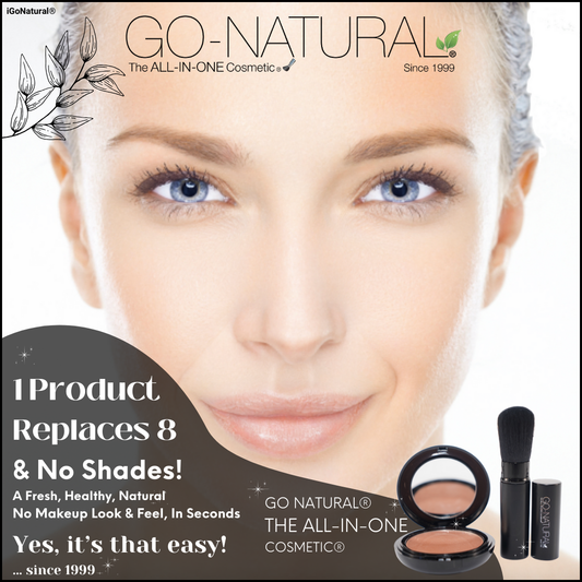 GO NATURAL® Professional Powder & Brush Replaces 8 Makeup Products & No Shades!  
Works Naturally Beautiful for All Skin-Tones, All Skin-Types & Ages, ...For a Fresh, Healthy & Natural, No-Makeup Look, ... In Seconds!
GO NATURAL® The ALL-IN-ONE Cosmetic® 