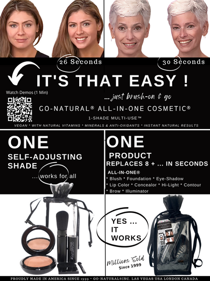 GO-NATURAL® ALL-IN-ONE Cosmetic® Retail Countertop Sign with QR Code to 2 Live Demos (1 Min) - Travel Gift Sets