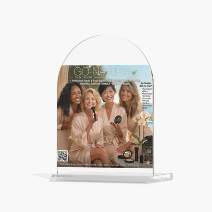 Product display stand with 'Go Natural' branding and images of women using skincare products.
