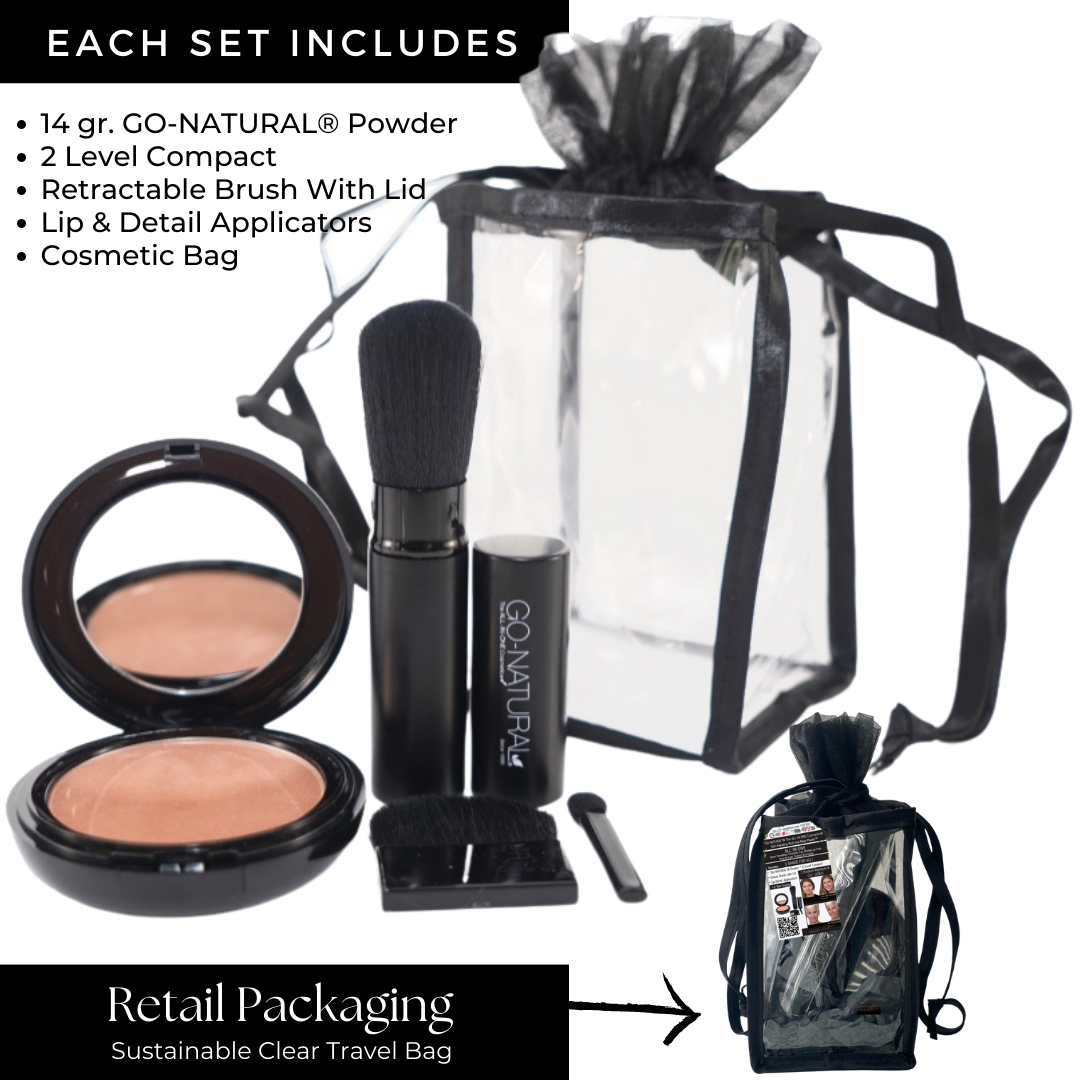 Sustainable - Each Set Includes & Retail Packaging - Reusable Clear Travel Bag - GO-NATURAL® ALL-IN-ONE Cosmetic® Travel Gift Sets